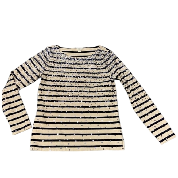 J. Crew Tops - J. Crew Beige Navy Sequined Long Sleeve Cotton Nautical Stripes